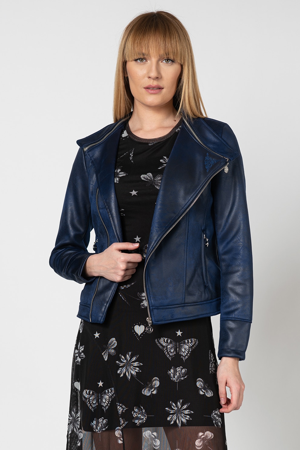 DESIGUAL, Jacheta de piele ecologica cu mandala brodata Broward, Albastru marin