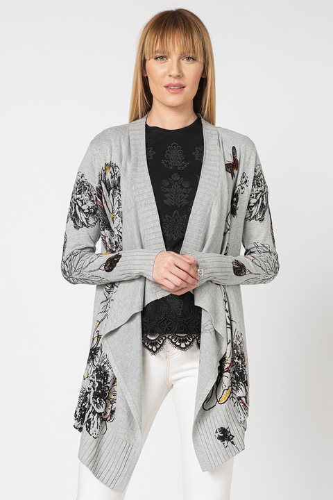 DESIGUAL, Cardigan din tricot fin cu aspect asimetric Dadra, Rosu/Negru/Gri melange, XL