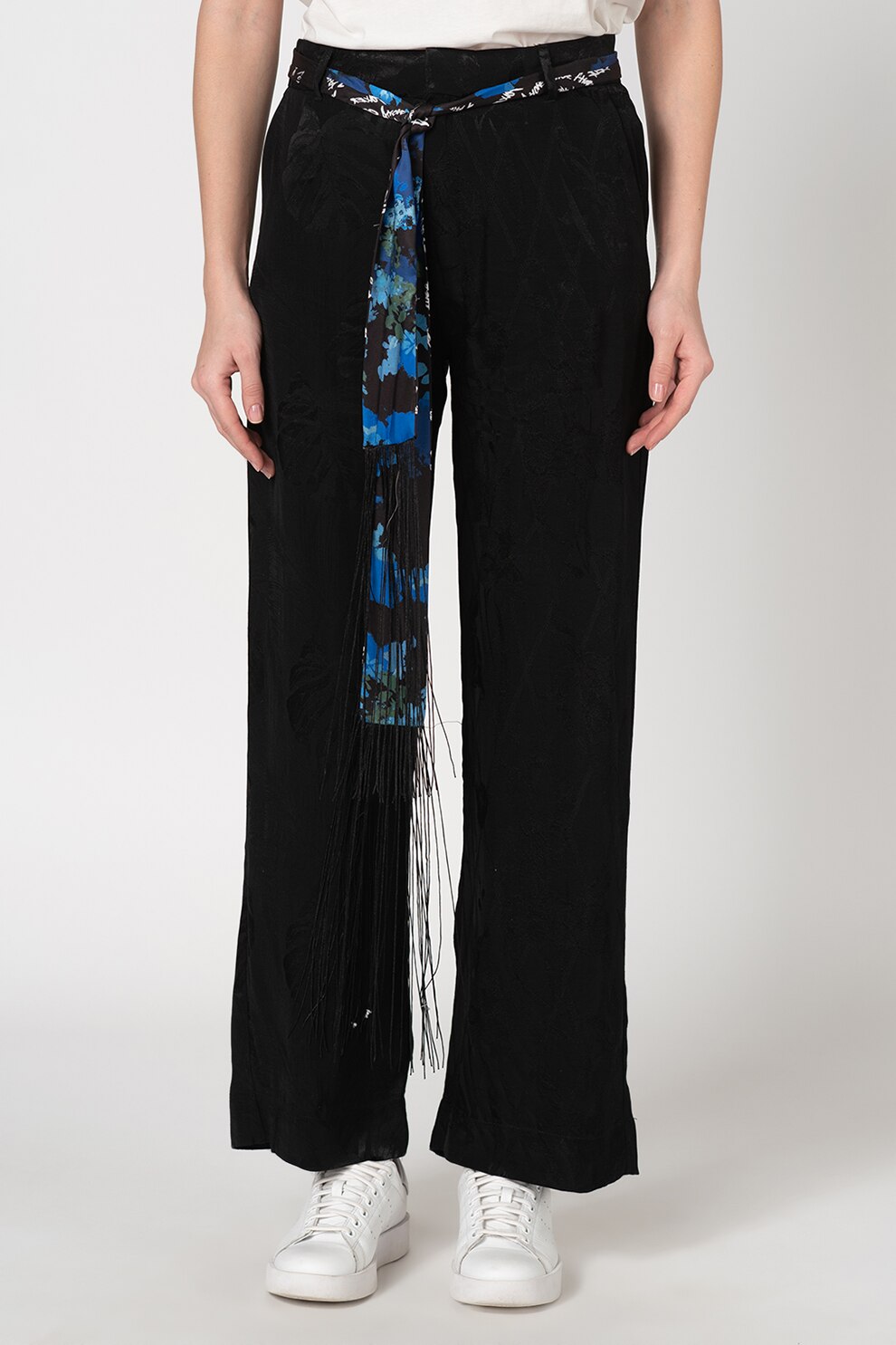 DESIGUAL, Pantaloni palazzo cu model tropical Glyfara, Negru/Alb/Albastru royal