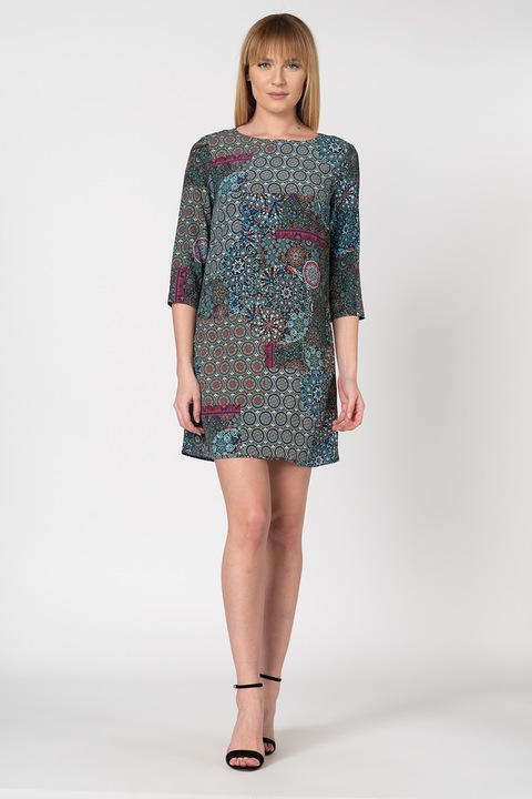 DESIGUAL, Rochie dreapta cu model geometric Maritsa, Negru/Fucsia/Albastru