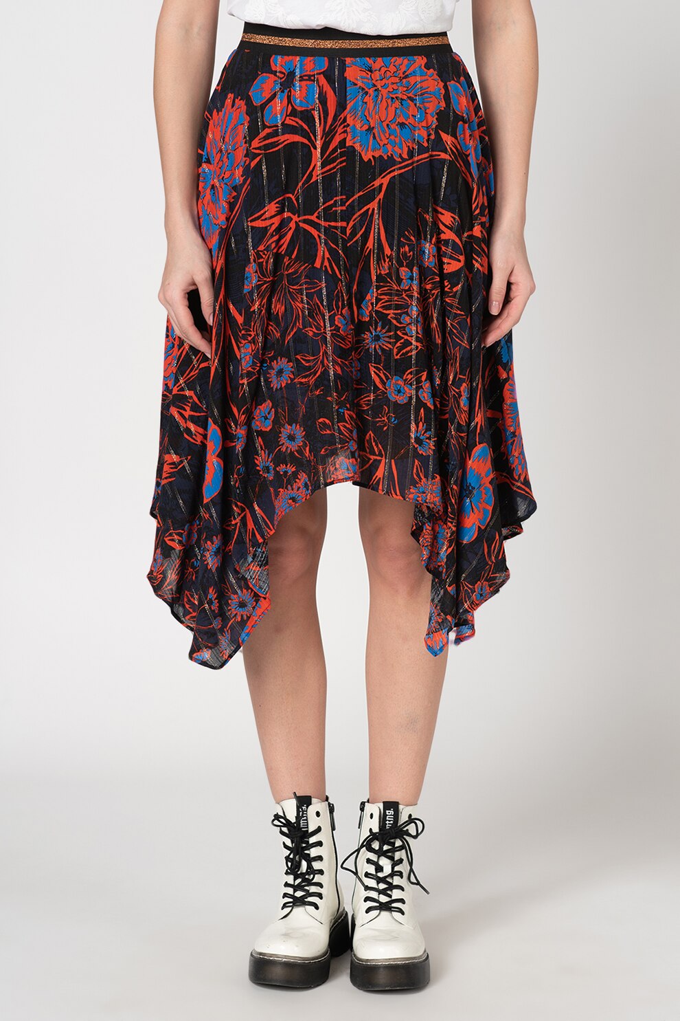 DESIGUAL, Fusta midi asimetrica Itaca, Negru/Bleumarin/Rosu vermilion