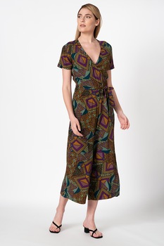 DESIGUAL, Salopeta crop cu decolteu cache-coeur Mitilene, Maro caramel/Violet/Verde DESIGUAL, Salopeta crop cu decolteu cache-coeur Mitilene, Maro caramel/Violet/Verde