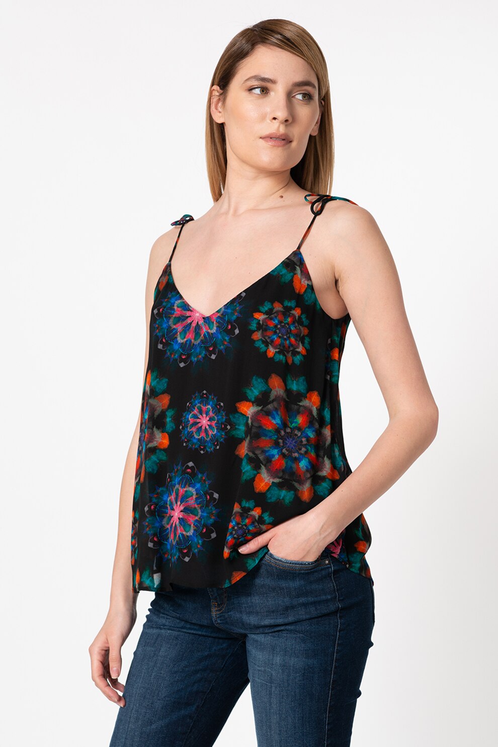 DESIGUAL, Top cu decolteu in V si mandale Universe, Negru/Oranj/Roz