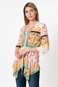 DESIGUAL, Bluza din viscoza cu decolteu in V si terminatie asimetrica, Alb/Rosu/Verde, L DESIGUAL, Bluza din viscoza cu decolteu in V si terminatie asimetrica, Alb/Rosu/Verde, L