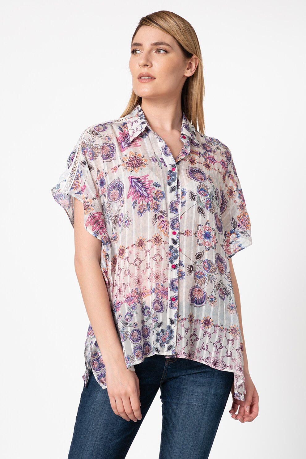 DESIGUAL, Camasa vaporoasa Modena, Alb/Violet/Roz