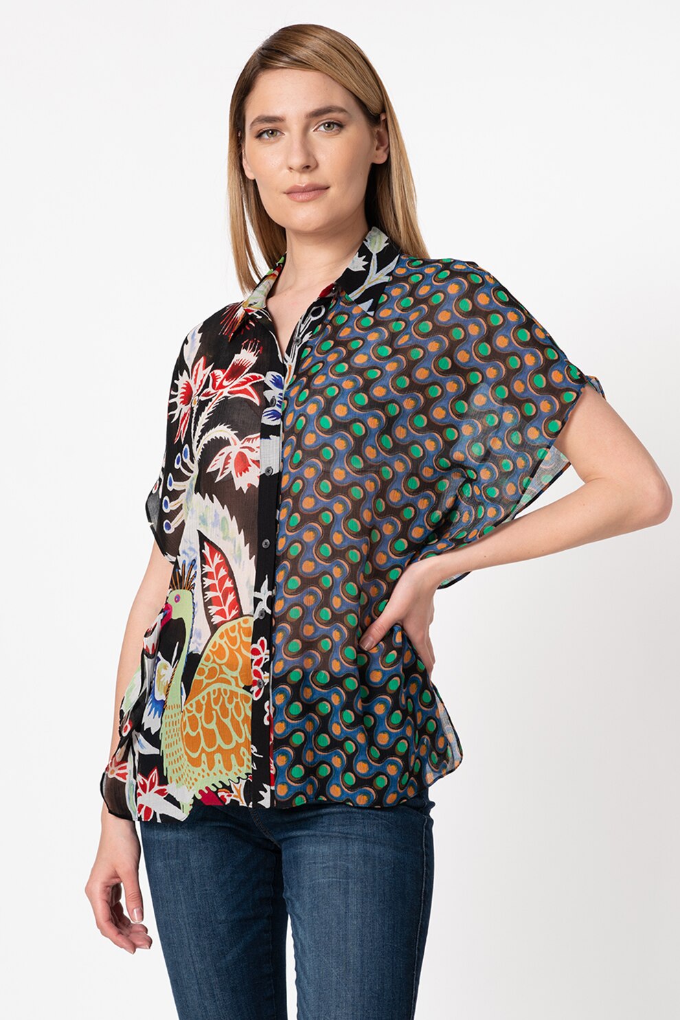 DESIGUAL,Camasa vaporoasa cu imprimeu Gloria, Negru/Rosu/Verde