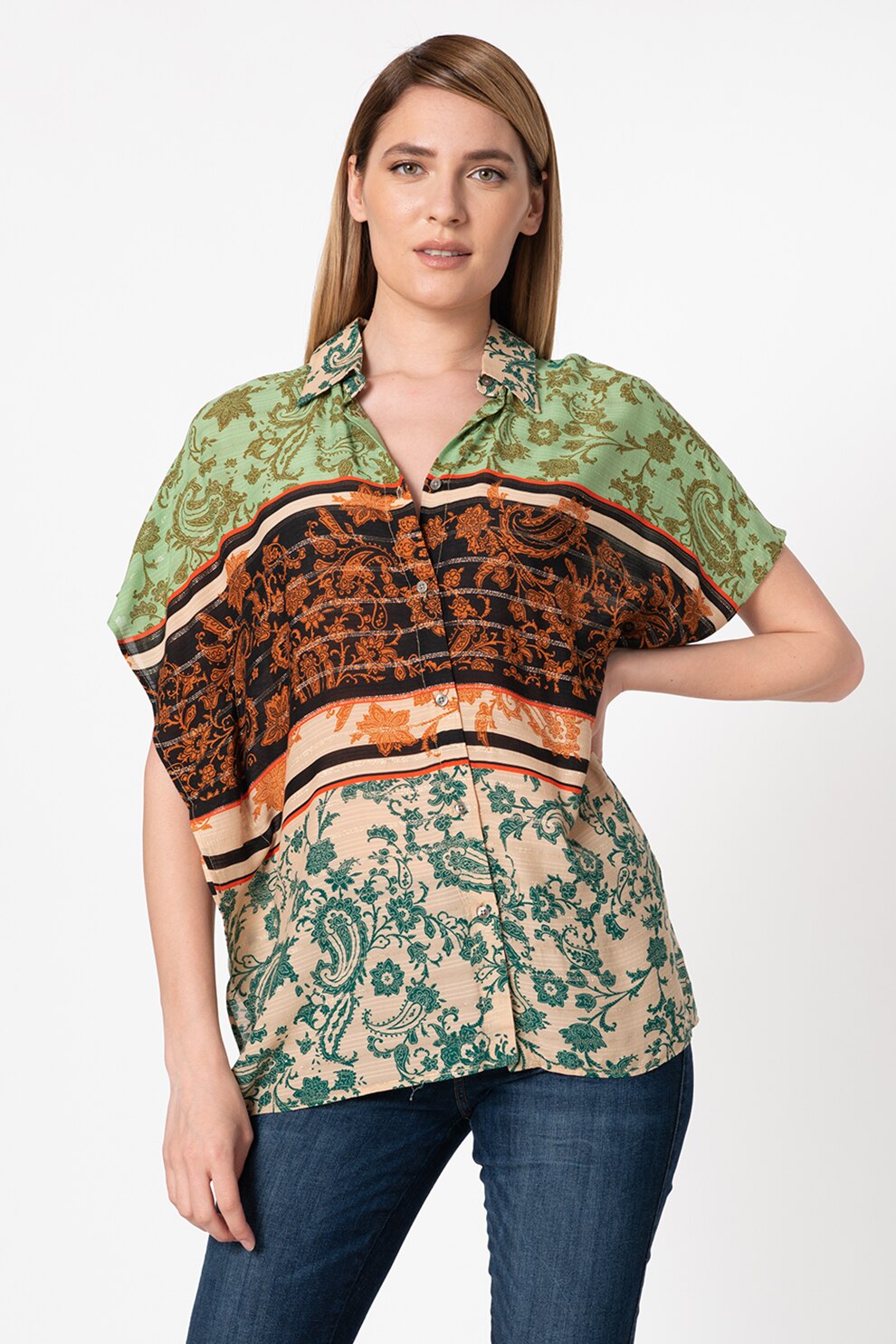 DESIGUAL, Camasa vaporoasa cu model floral Pompeya, Verde/Maro/Argintiu