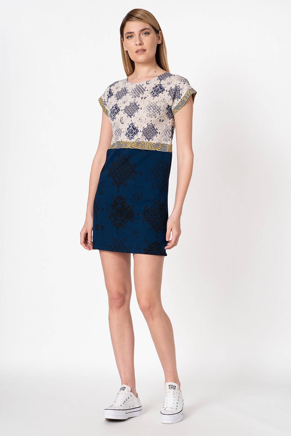 DESIGUAL, Rochie dreapta cu model geometric Montgomery, Crem/Bleumarin/Galben