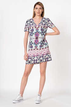 DESIGUAL, Rochie mini cu model floral Yukon, Crem/Verde/Violet DESIGUAL, Rochie mini cu model floral Yukon, Crem/Verde/Violet
