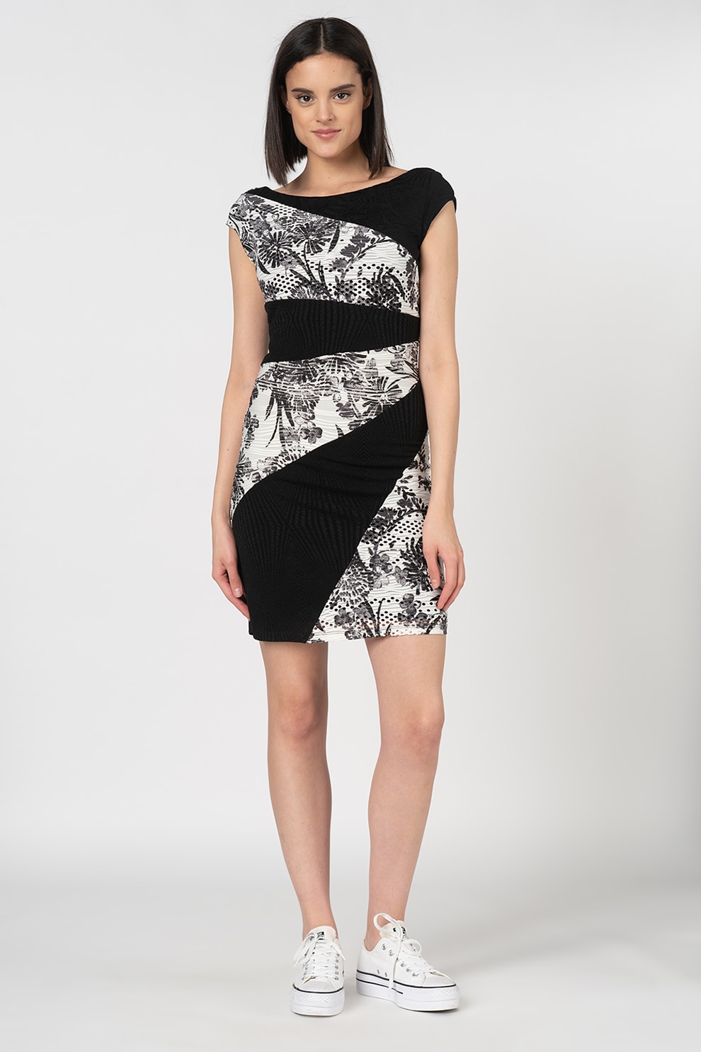 DESIGUAL, Rochie mini cu imprimeu floral Detroit, Negru/Alb