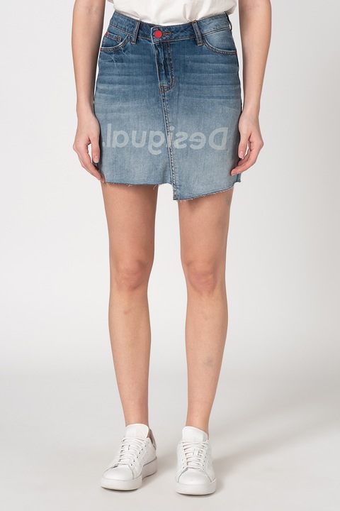 DESIGUAL, Fusta mini din denim cu imprimeu logo Log, Rosu/Albastru inchis/Alb murdar, 28