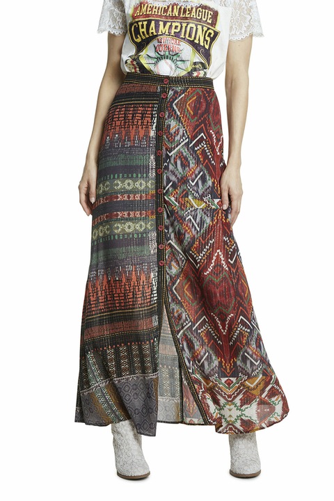DESIGUAL, Fusta de viscoza cu model etnic, Negru/Rosu inchis