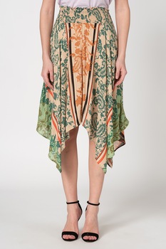 DESIGUAL, Fusta asimetrica cu imprimeu paisley, Maro camel/Verde/Rosu DESIGUAL, Fusta asimetrica cu imprimeu paisley, Maro camel/Verde/Rosu