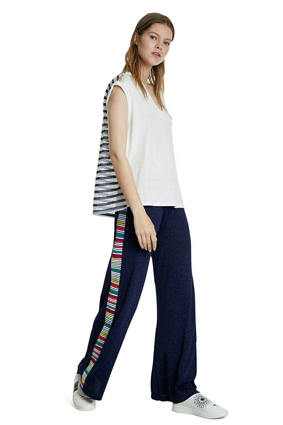 DESIGUAL, Tricou din amestec de in, cu segment de plasa, Alb/Bleumarin