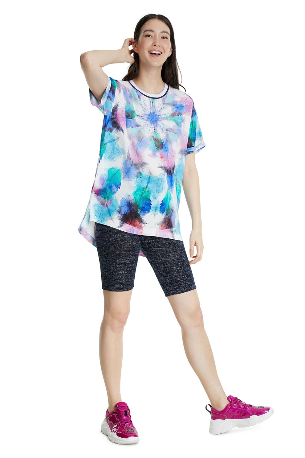 DESIGUAL, Tricou din bumbac cu aspect tie-dye, Turcoaz/Roz