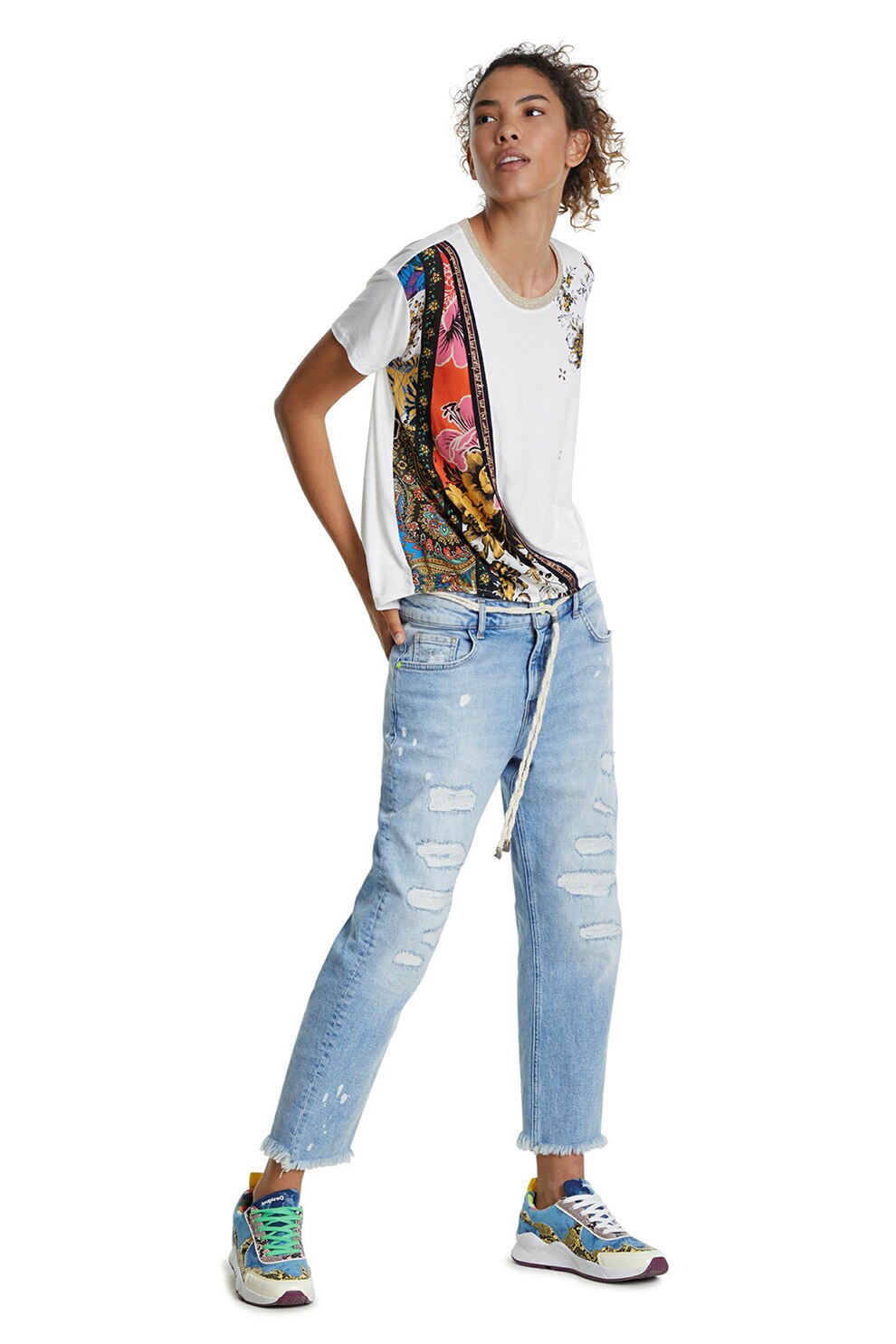 DESIGUAL, Tricou cu imprimeu floral, Alb/Ocru, S