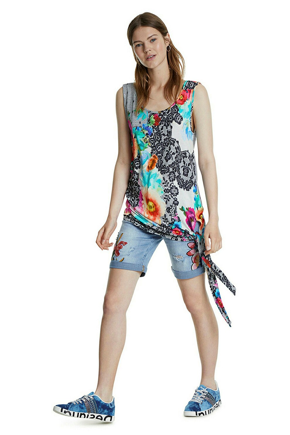 DESIGUAL, Top cu imprimeu floral si detaliu lateral innodat, Multicolora