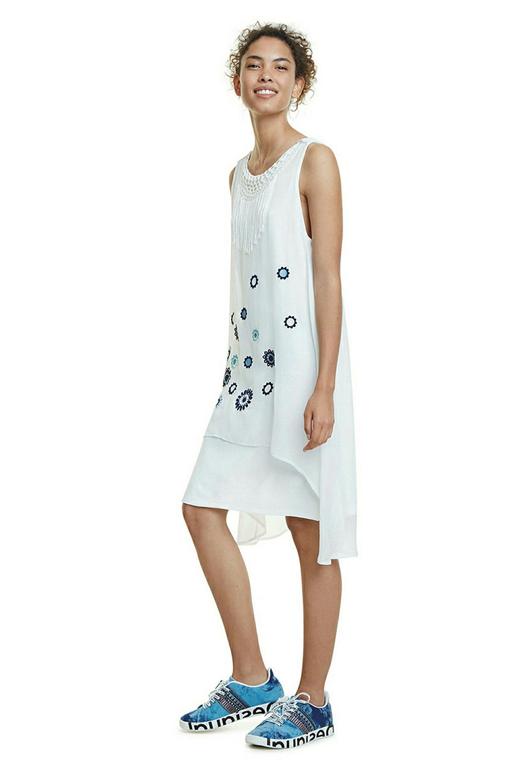 DESIGUAL, Rochie asimetrica cu imprimeu floral, Alb/Negru, XS