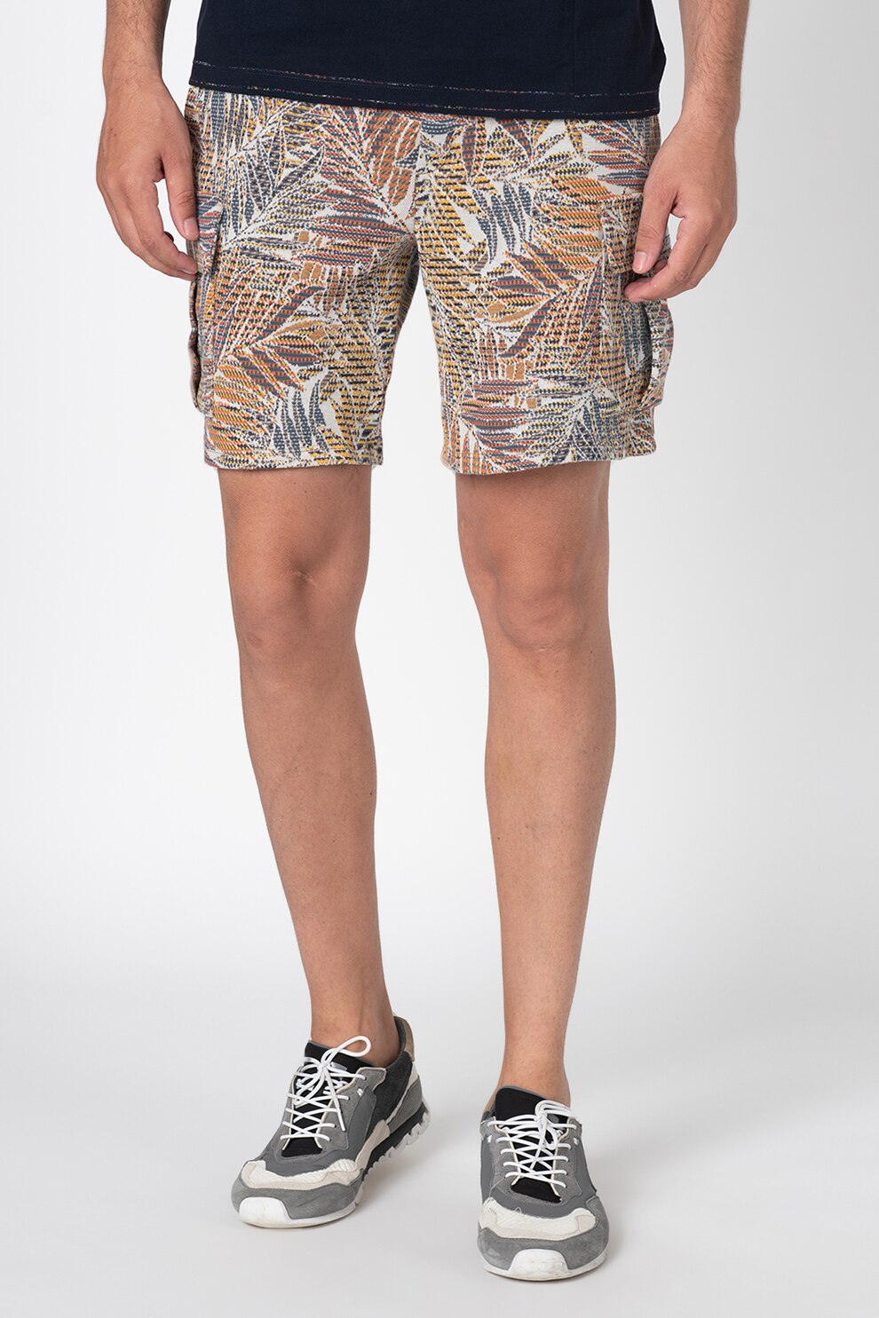 DESIGUAL, Pantaloni scurti cu imprimeu tropical, Gri melange/Bleumarin/Oranj, 38