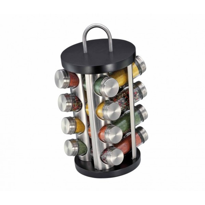 Стойка за съхранение на подправки , KUCHENPROFI, С 16 бурканчета , Дърво/инокс стойка , Черно дърво