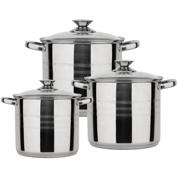 Set 3 oale din inox cu 3 capace din sticla termorezistenta Set 3 oale din inox cu 3 capace din sticla termorezistenta
