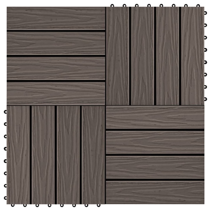 Комплект WPC декинг плочки релефни vidaXL, 11 бр, 30x30 см, 1 кв.м. тъмнокафяви