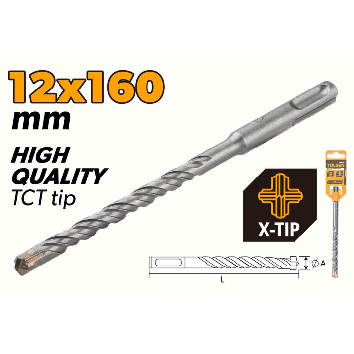 Burghiu SDS-plus TOLSEN 12x160 mm tip X, TCT, otel aliat cromat, flaut dublu pentru evacuare eficienta, finisaj cu nisip fin, coada SDS-plus, calitate industriala