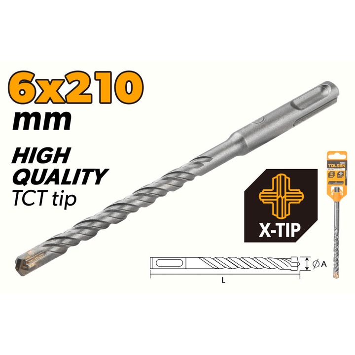 Burghiu SDS-plus TOLSEN 6x210 mm tip X, TCT, otel aliat cromat, flaut dublu pentru evacuare eficienta, finisaj cu nisip fin, coada SDS-plus, calitate industriala