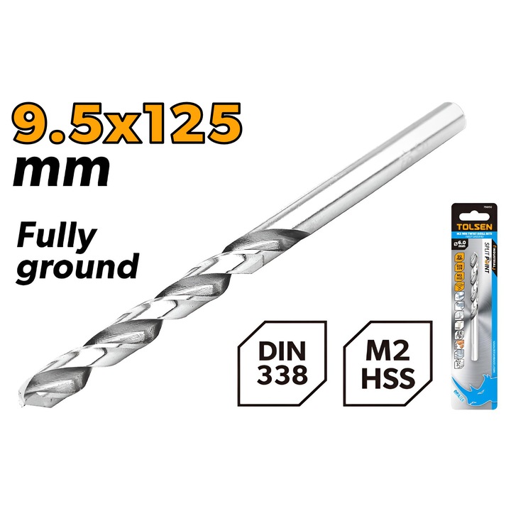Burghiu TOLSEN HSS M2 9.5 mm, DIN338, lungime 125 mm, canelura 81 mm, unghi varf 135°, otel rapid industrial, pentru gaurire precisa in metal, lemn si plastic