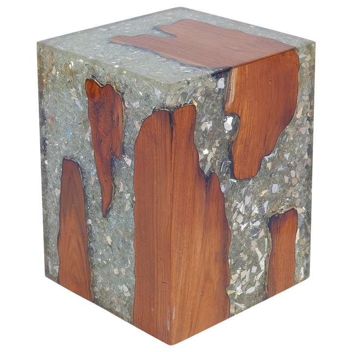 Taburet din lemn de tec si rasina, vidaXL, Maro cu gri, 30 x 30 x 40