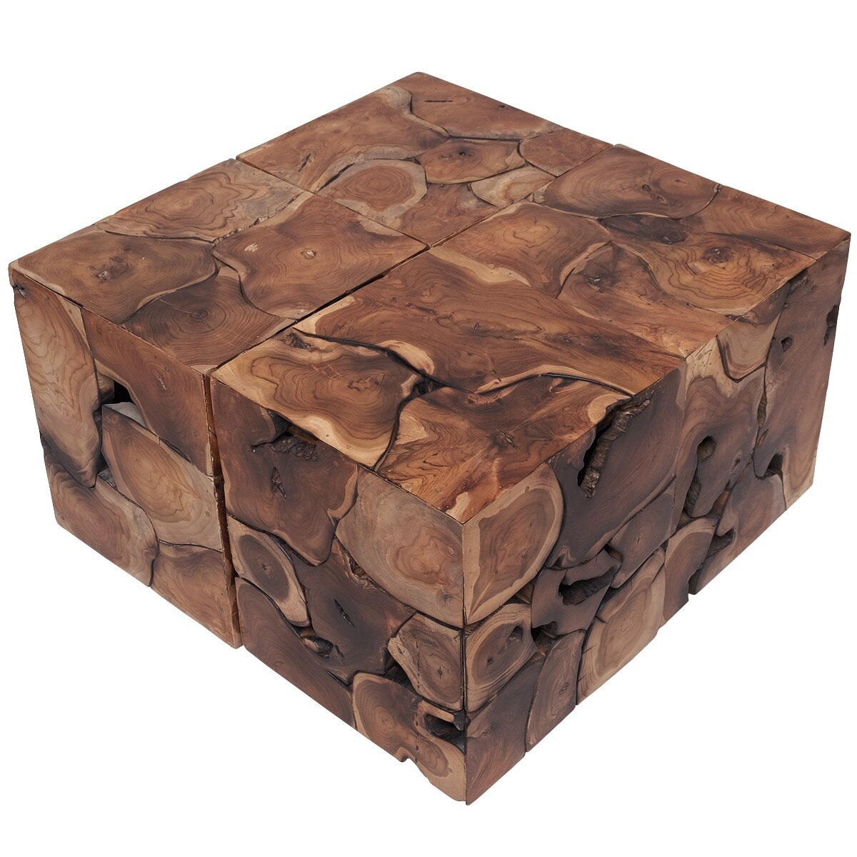 Set de tabureti tip masuta 4 piese, din lemn de tec masiv, model busteni, vidaXL, Multicolor, 40 x 40 x 45 cm