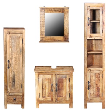 Set mobila de baie din lemn de mango, cu dulap chiuveta, 2 dulapuri laterale si oglinda vidaXL, Maro Set mobila de baie din lemn de mango, cu dulap chiuveta, 2 dulapuri laterale si oglinda vidaXL, Maro