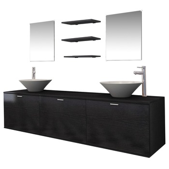 Set mobilier de baie 10 piese cu chiuvete si robinete incluse, vidaXL, PAL, 180 x 45 x 45 cm, Negru Set mobilier de baie 10 piese cu chiuvete si robinete incluse, vidaXL, PAL, 180 x 45 x 45 cm, Negru