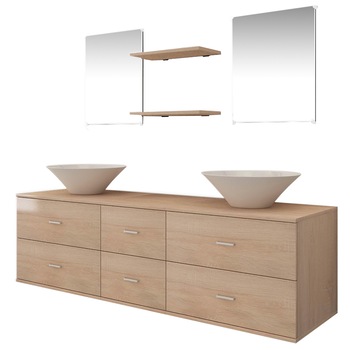 Set mobilier de baie, 7 piese cu 2 chiuvete incluse, vidaXL, PAL, Bej Set mobilier de baie, 7 piese cu 2 chiuvete incluse, vidaXL, PAL, Bej