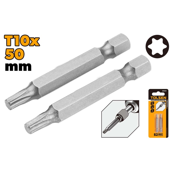 Set varfuri surubelnita TOLSEN 2 buc, T10x50 mm, otel S2 industrial, finisaj satinat, potrivire sigura, uz profesional