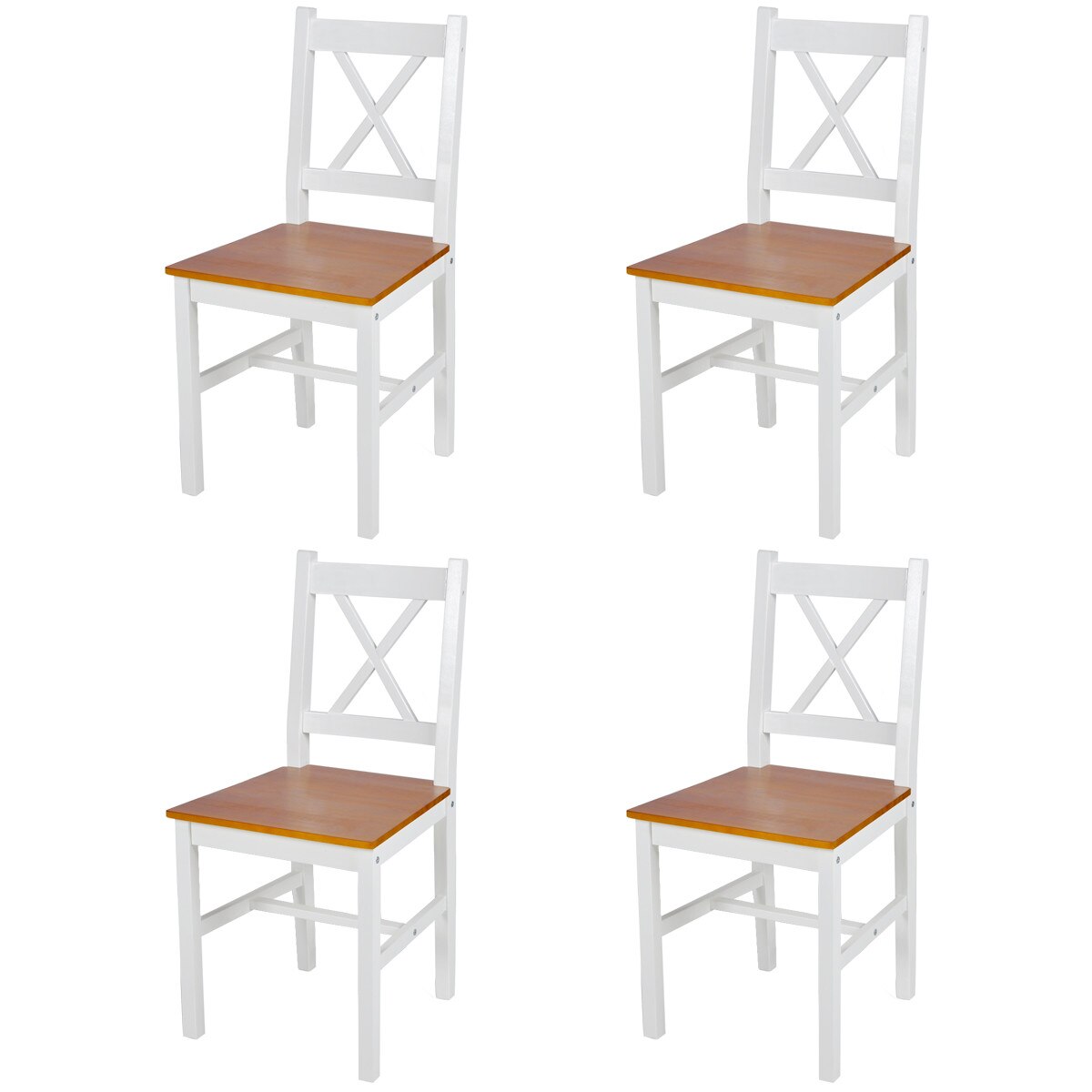 Set de 4 scaune de bucatarie cu spatar de lemn de pin, vidaXL, Alb si maro