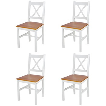 Set de 4 scaune de bucatarie cu spatar de lemn de pin, vidaXL, Alb si maro