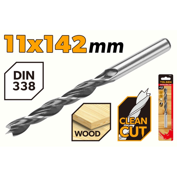 Burghiu lemn TOLSEN 11 x 142 mm, otel carbon, DIN338, finisaj negru polisat, uz industrial