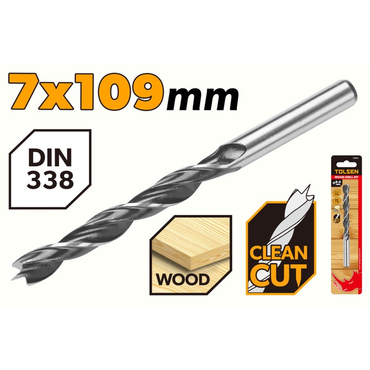 Burghiu lemn TOLSEN 7 x 107 mm, otel carbon, DIN338, finisaj negru polisat, uz industrial