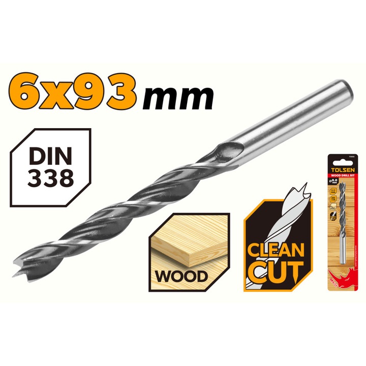 Burghiu lemn TOLSEN 6 x 93 mm, otel carbon, DIN338, finisaj negru polisat, uz industrial