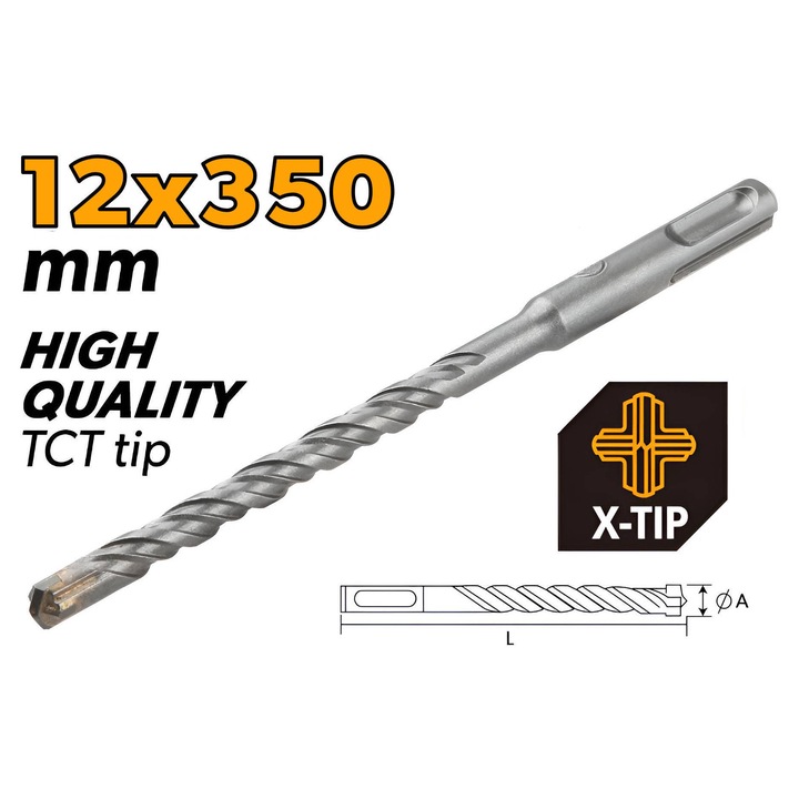Burghiu SDS-Plus JOKA 12x350mm tip X, TCT de inalta calitate, otel aliat cromat, coada SDS-Plus, flaut dublu, finisaj cu nisip fin, pentru gaurire precisa in beton si zidarie