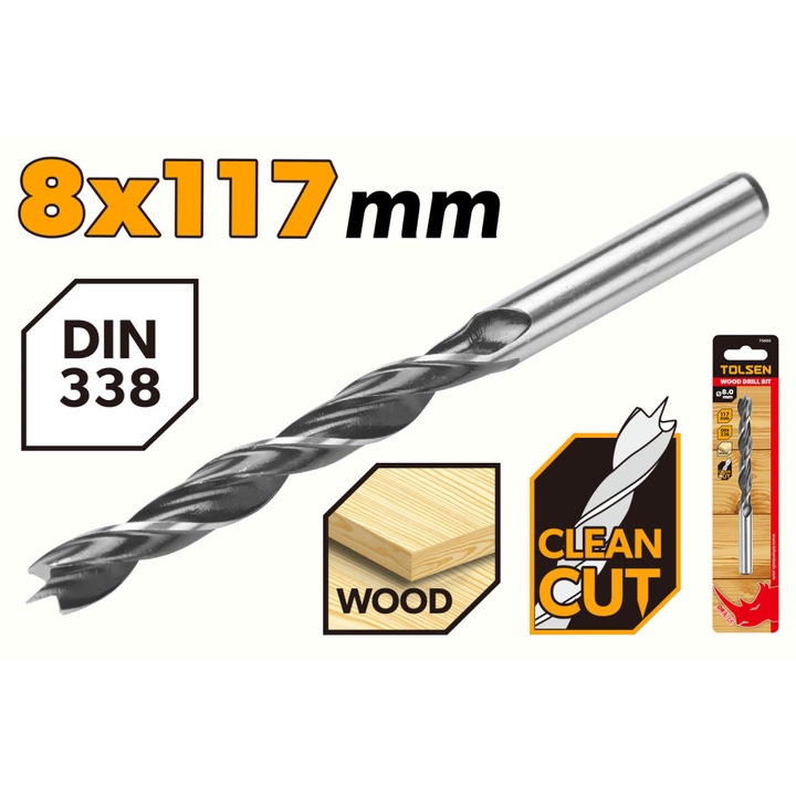 Burghiu lemn TOLSEN 8 x 117 mm, otel carbon, DIN338, finisaj negru polisat, uz industrial