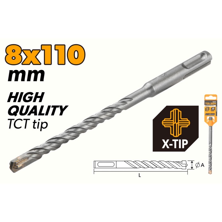 Burghiu SDS-plus TOLSEN 8x110 mm tip X, TCT, otel aliat cromat, flaut dublu pentru evacuare eficienta, finisaj cu nisip fin, coada SDS-plus, calitate industriala