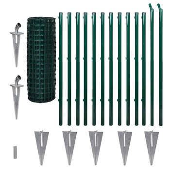 Set plasa de gard cu tarusi si stalpi, Eurofence, vidaXL, Otel, 25 x 1.2 m, Verde Set plasa de gard cu tarusi si stalpi, Eurofence, vidaXL, Otel, 25 x 1.2 m, Verde