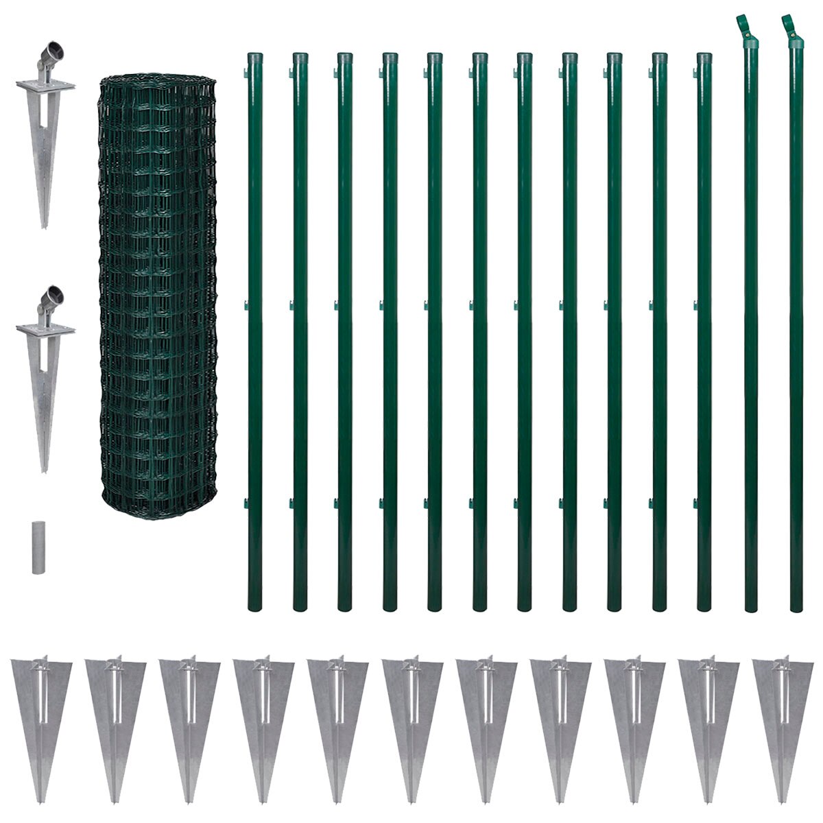 Set de gard de plasa si tarusi, vidaXL, Otel acoperit cu PVC, 25 x 1.5 m, 100 x 100 mm, Verde