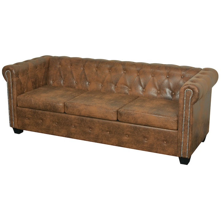Canapea cu 3 locuri Chesterfield din piele artificiala, vidaXL, maro, 200 x 76 x 70 cm