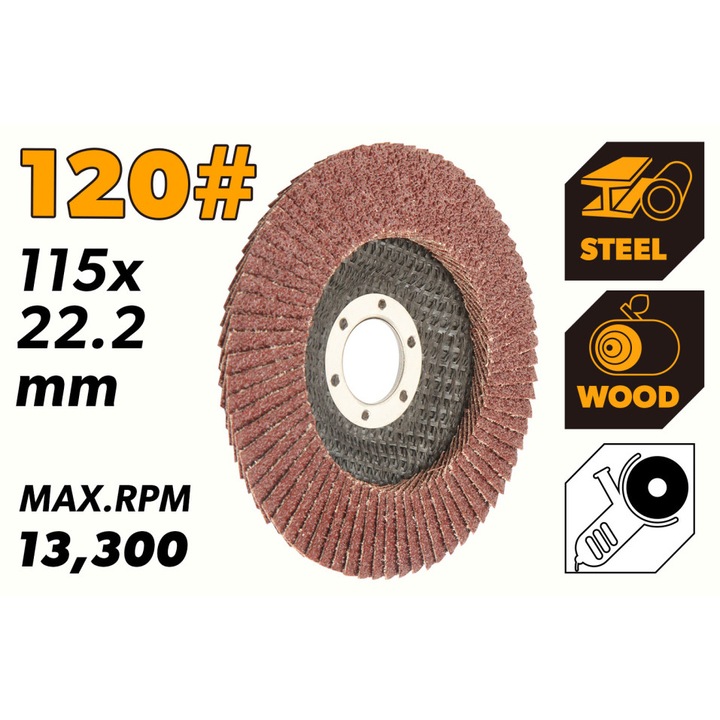 Disc lamelar abraziv TOLSEN 115 mm, 120#, Oxid de aluminiu, Intaritura fibre, Taiere si slefuire otel/lemn, MPA aprobat, Uz profesional