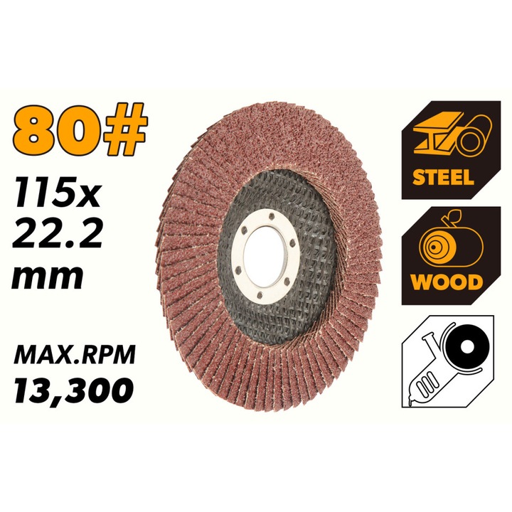 Disc lamelar abraziv TOLSEN 115 mm, 80#, Oxid de aluminiu, Intaritura fibre, Taiere si slefuire otel/lemn, MPA aprobat, Uz profesional, Disc lamelar abraziv TOLSEN 115 mm, 80#, Oxid de aluminiu, Intaritura fibre, Taiere si slefuire otel/lemn, MPA aprobat