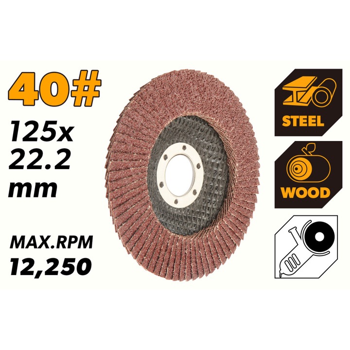 Disc lamelar abraziv TOLSEN 125 mm, 40#, Oxid de aluminiu, Intaritura fibre, Taiere si slefuire otel/lemn, MPA aprobat, Uz profesional, Disc lamelar abraziv TOLSEN 125 mm, 40#, Oxid de aluminiu, Intaritura fibre, Taiere si slefuire otel/lemn, MPA aprobat