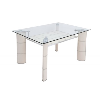 Masa living/bucatarie din sticla, MB-06, picioare imbracate in piele ecologica de culoare crem Masa living/bucatarie din sticla, MB-06, picioare imbracate in piele ecologica de culoare crem